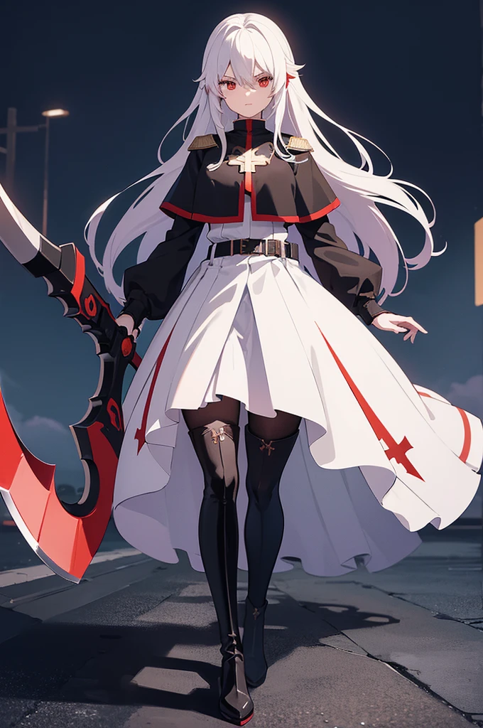 there is an anime character with a giant battle Axe holding the hand, 1girl, solo, long white hair, red eyes, holding, ((holding battleaxe)), black footwear, boots, pantyhose, cross, knee boots, looking at viewer, belt, capelet, hair between eyes, long sleeves, black capelet, black pantyhose