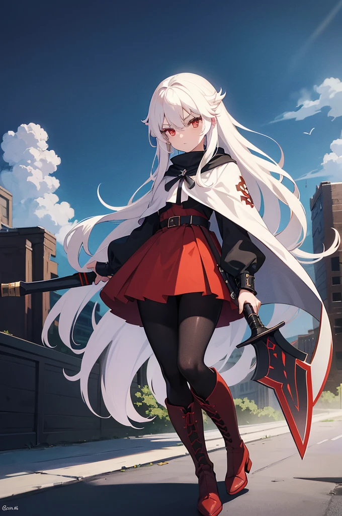there is an anime character with a giant battle Axe holding the hand, 1girl, solo, long white hair, red eyes, holding, ((holding battleaxe)), black footwear, boots, pantyhose, cross, knee boots, looking at viewer, belt, capelet, hair between eyes, long sleeves, black capelet, black pantyhose