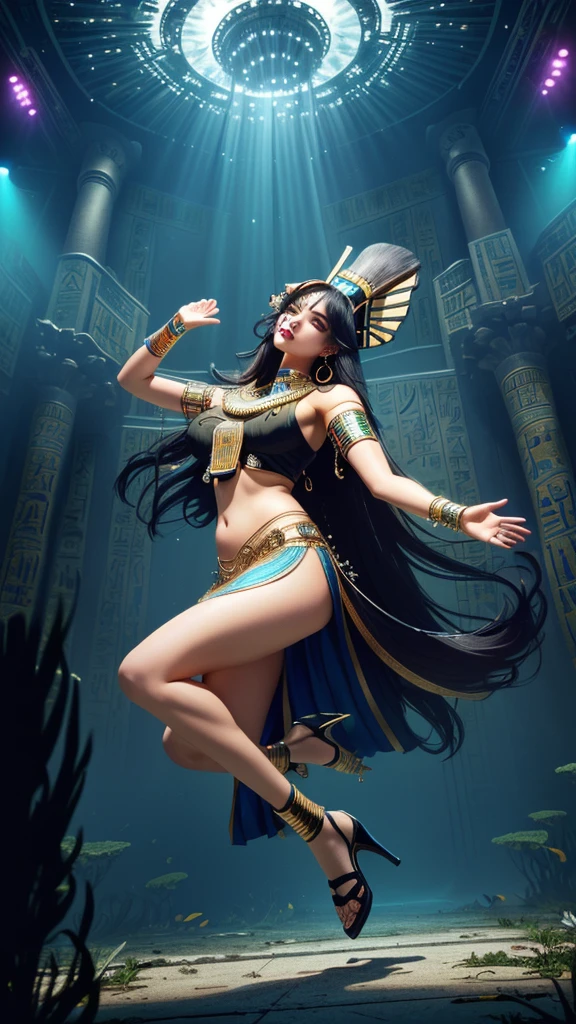 Incredibly detailed, Masterpiece, Highest quality, best quality, height, 4K, 8K, raw image, ((ancient egypt theme:1.2)), Hong Kong structure, building, structure, Taiwan, Korea, 
(long_hair, long hair, random colors hair, glowing hair, hair over one eye, long messy hair), 
(eyelash, eyeliner, eyelid, eyelash, long eyelash), 
shirt collar, earring, decorations, necklace, armband, 
high-heels, 
moustache, (Underwater), no, 
rift, perfect woman&#39;s body, put on makeup, 
swirling energy, 
Action pose, 
drunk, bite, 
reflection, Reflective flooring, 
abandoned building, Overgrown with plants, [Volumetric mist], movie light, colorful, colorful, 
Photographer&#39;s photo, 
castle, festival, led screen, stage performance, gorgeous stage lighting, cheering crowd