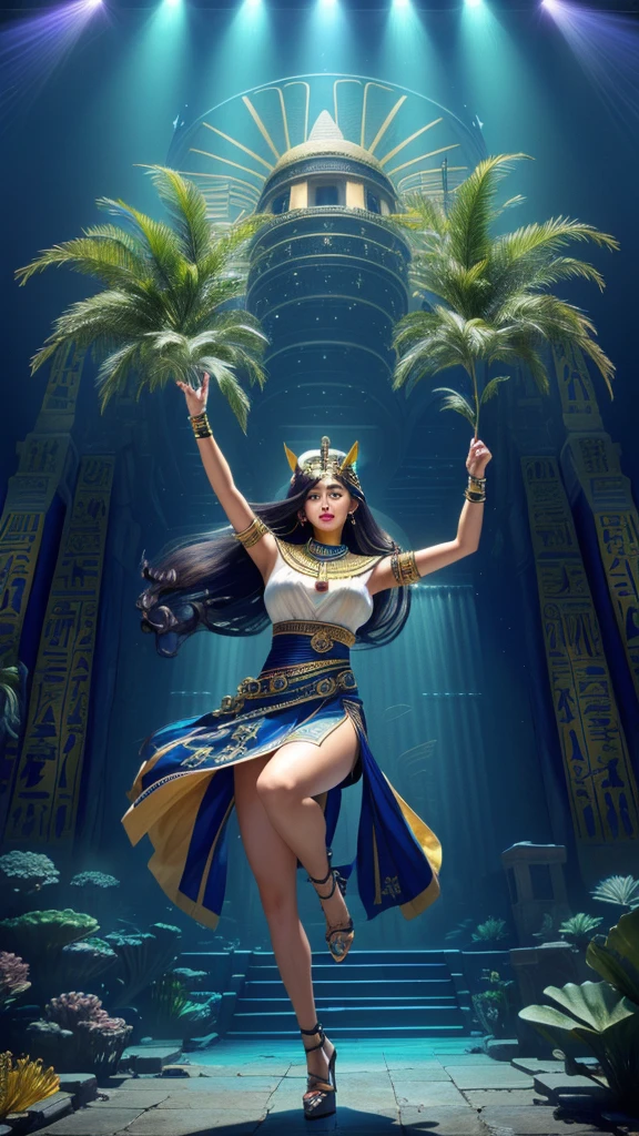 Incredibly detailed, Masterpiece, Highest quality, best quality, height, 4K, 8K, raw image, ((ancient egypt theme:1.2)), Hong Kong structure, building, structure, Taiwan, Korea, 
(long_hair, long hair, random colors hair, glowing hair, hair over one eye, long messy hair), 
(eyelash, eyeliner, eyelid, eyelash, long eyelash), 
shirt collar, earring, decorations, necklace, armband, 
high-heels, 
moustache, (Underwater), no, 
rift, perfect woman&#39;s body, put on makeup, 
swirling energy, 
Action pose, 
drunk, bite, 
reflection, Reflective flooring, 
abandoned building, Overgrown with plants, [Volumetric mist], movie light, colorful, colorful, 
Photographer&#39;s photo, 
castle, festival, led screen, stage performance, gorgeous stage lighting, cheering crowd