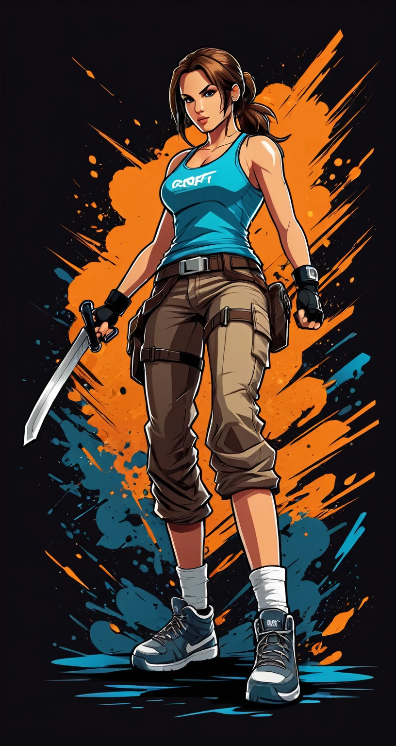 Lara Croft style fighting game, Hip-Hop Style, t shirt design, flat-colors, vectorial art,  ((black backdrop)) . dynamic, Vibrant, full of action, detailed character design, reminiscent of fighting video games