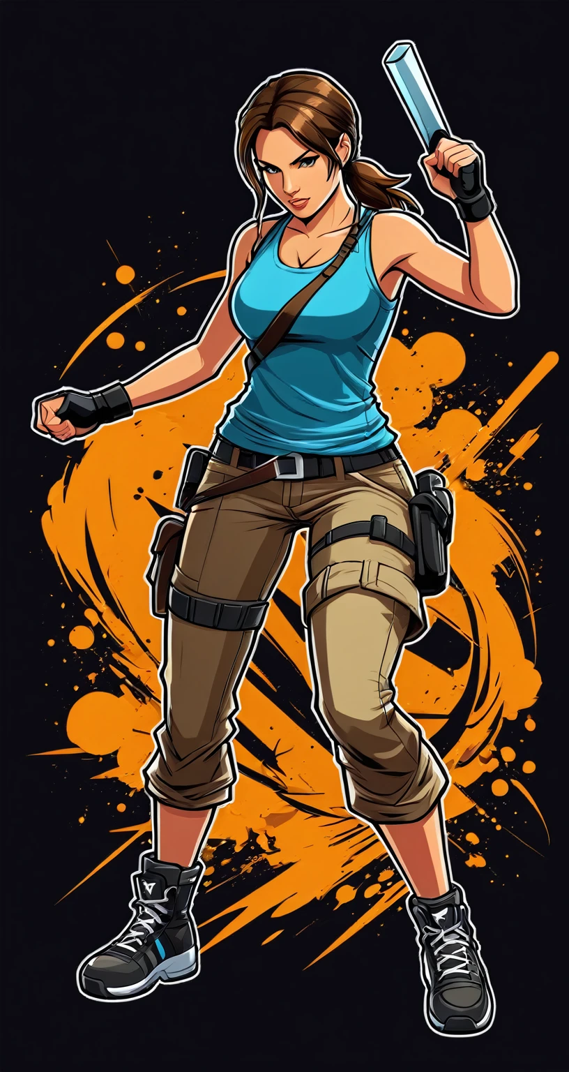 Lara Croft style fighting game, Hip-Hop Style, t shirt design, flat-colors, vectorial art, ((black backdrop)) . dynamic, Vibrant, full of action, detailed character design, reminiscent of fighting video games