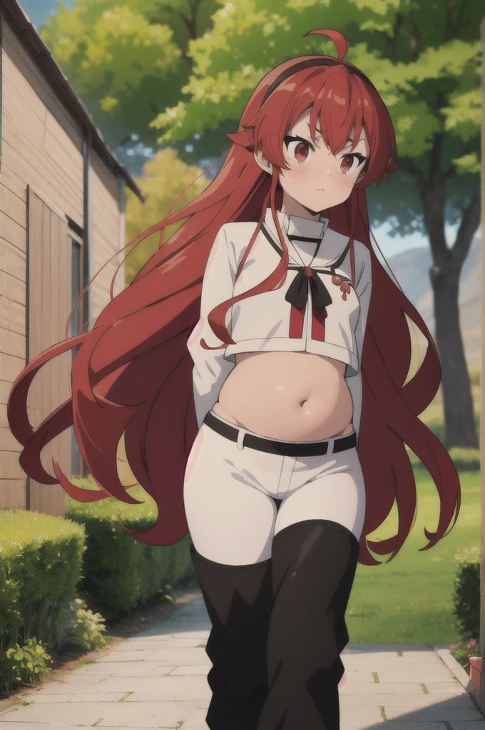 (masterpiece:1.4), (best quality:1.4), (((pixel-perfect, detail-perfect))), 1girl, eris boreas greyrat, red hair, long hair, hair between eyes, ahoge, black hairband, red eyes, medium breasts, ((huge belly)), white t-shirt, long sleeves, (black pants:1.35), boots, (blushing, embarrassed:1.2), (outdoors:1.35), nsfw, detailed, flat, flat colors, 2D, (anime:1.45),