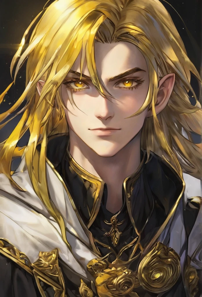 19 years old, male, human, adventurer, dark yellow hair, shining gold eyes,