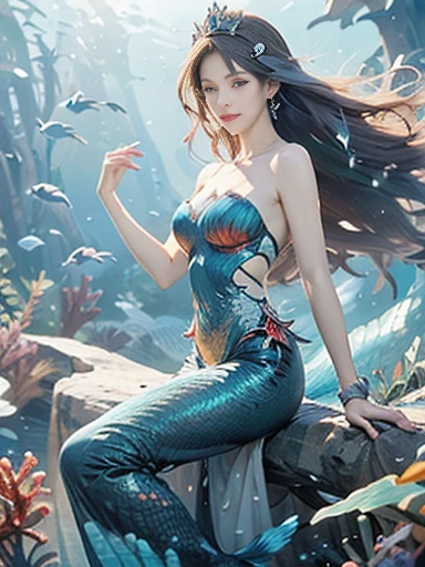 (best quality,ultra-detailed,photorealistic),blue water,sparkling scales, flowy hair, underwater world, colorful coral reefs, ethereal lighting, dreamy atmosphere, fantasy theme, mystical creatures, magical powers, enchanting melodies, mesmerizing beauty, graceful movements, captivating expressions, surreal landscape, peaceful serenity, magical mermaid tails, elegant tiaras, long flowing dresses.