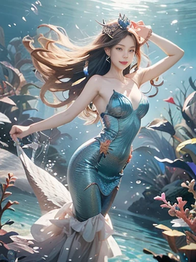 (best quality,ultra-detailed,photorealistic),blue water,sparkling scales, flowy hair, underwater world, colorful coral reefs, ethereal lighting, dreamy atmosphere, fantasy theme, mystical creatures, magical powers, enchanting melodies, mesmerizing beauty, graceful movements, captivating expressions, surreal landscape, peaceful serenity, magical mermaid tails, elegant tiaras, long flowing dresses.