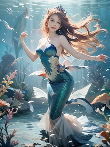 (best quality,ultra-detailed,photorealistic),blue water,sparkling scales, flowy hair, underwater world, colorful coral reefs, ethereal lighting, dreamy atmosphere, fantasy theme, mystical creatures, magical powers, enchanting melodies, mesmerizing beauty, graceful movements, captivating expressions, surreal landscape, peaceful serenity, magical mermaid tails, elegant tiaras, long flowing dresses.