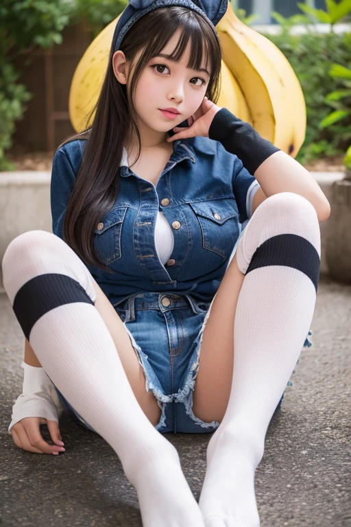 Black knee-high socks、Thighs、Highest quality、8K、Junior high school girl、Big Breasts、Denim shorts、Touching a banana with your toes