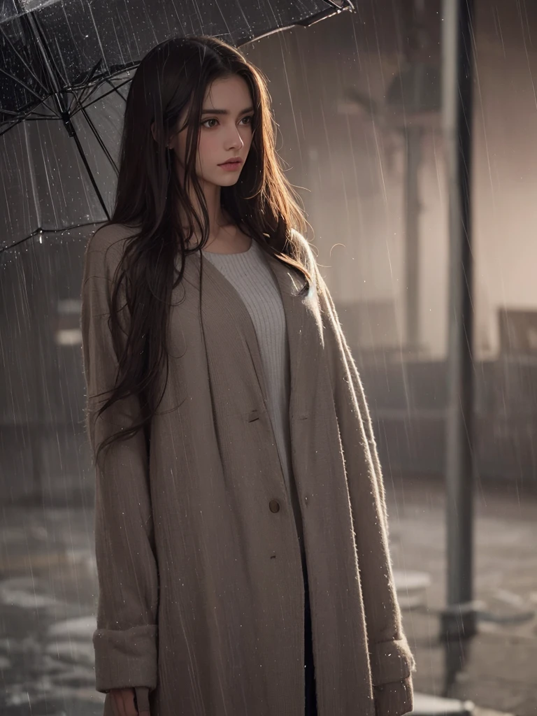 best quality,tmasterpiece,High resolution,Realistic,RAW photo,1girl,dark brown hair,Tall and tall,standing outside in the rain,Sense of strong contrast,Soft and textured skin, cold morning, With a shallow smile, With deep eyes