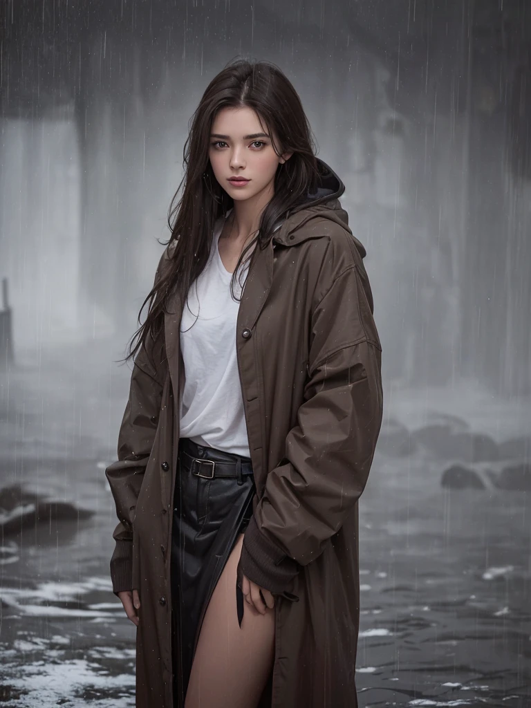 best quality,tmasterpiece,High resolution,Realistic,RAW photo,1girl,dark brown hair,Tall and tall,standing outside in the rain,Sense of strong contrast,Soft and textured skin, cold morning, With a shallow smile, With deep eyes