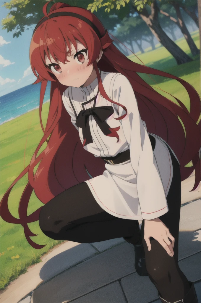 (masterpiece:1.4), (best quality:1.4), (((pixel-perfect, detail-perfect))), 1girl, eris boreas greyrat, red hair, long hair, hair between eyes, ahoge, black hairband, red eyes, medium breasts, (huge belly), white t-shirt, long sleeves, (black pants:1.35), boots, (blushing, embarrassed:1.2), (outdoors:1.35), nsfw, detailed, flat, flat colors, 2D, (anime:1.45),