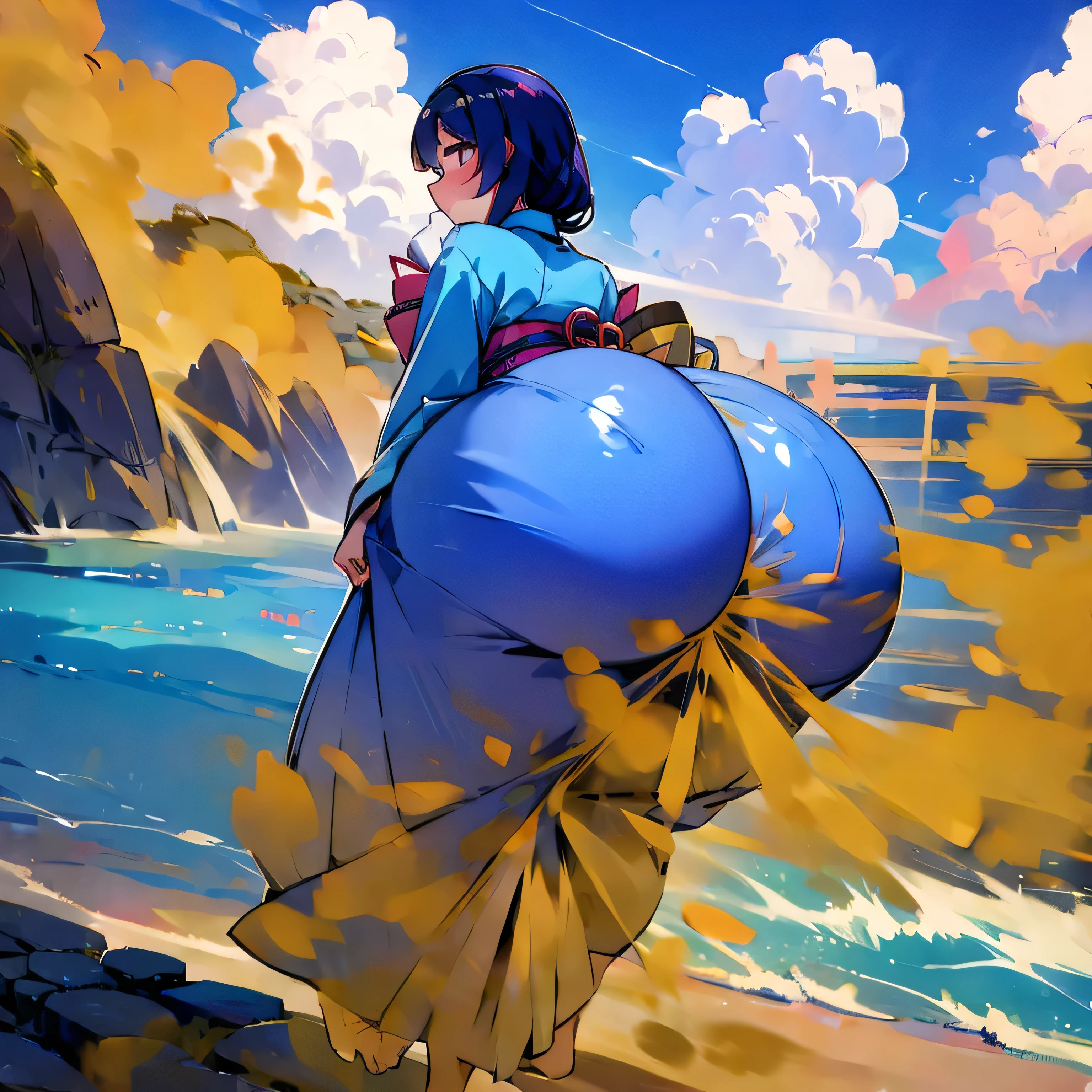 A beautiful woman in a light blue kimono looks at the sunset over the sea from the sandy beach and she poop and fart from her giant ass