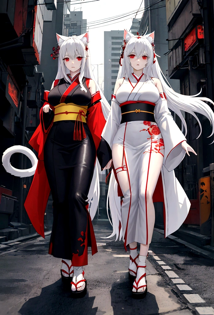 Make a full body character with 2D graphics based on current anime 4k-8k The character is 22 years old. Mature body with big breasts and curves. Eyes red, white cat ears, long white hair down to the ankles. Cat's furry tail. The outfit is a mix of traditional Japanese kimono, Qipao chines stylized in a cyberpunk way. The colors of the clothes are predominantly white with details of blood red and gold.. With sock 3/4 black and white, sandalhas ninja estilo cyberpunk.