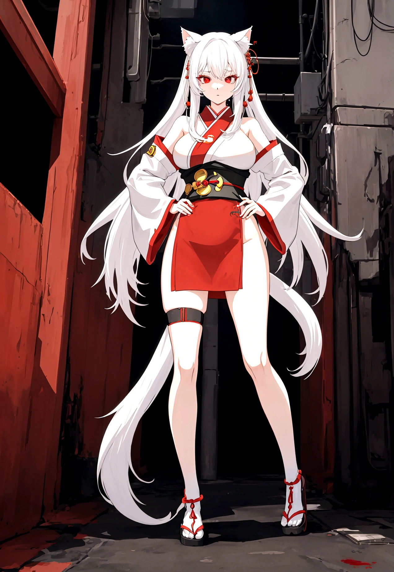 Make a full body character with 2D graphics based on current anime 4k-8k The character is 22 years old. Mature body with big breasts and curves. Eyes red, white cat ears, long white hair down to the ankles. Cat's furry tail. The outfit is a mix of traditional Japanese kimono, Qipao chines stylized in a cyberpunk way. The colors of the clothes are predominantly white with details of blood red and gold.. With sock 3/4 black and white, sandalhas ninja estilo cyberpunk.