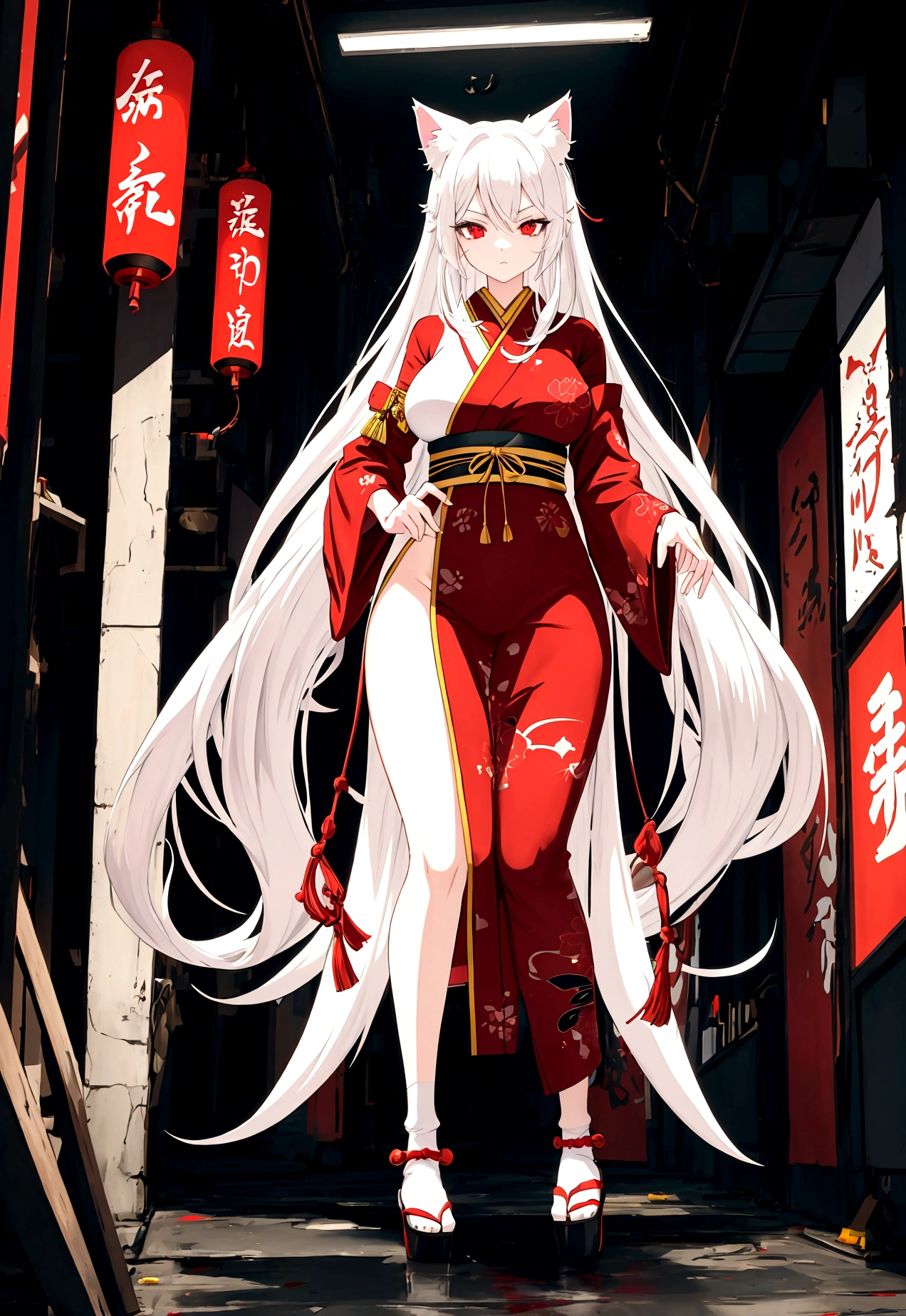 Make a full body character with 2D graphics based on current anime 4k-8k The character is 22 years old. Mature body with big breasts and curves. Eyes red, white cat ears, long white hair down to the ankles. Cat's furry tail. The outfit is a mix of traditional Japanese kimono, Qipao chines stylized in a cyberpunk way. The colors of the clothes are predominantly white with details of blood red and gold.. With sock 3/4 black and white, sandalhas ninja estilo cyberpunk.