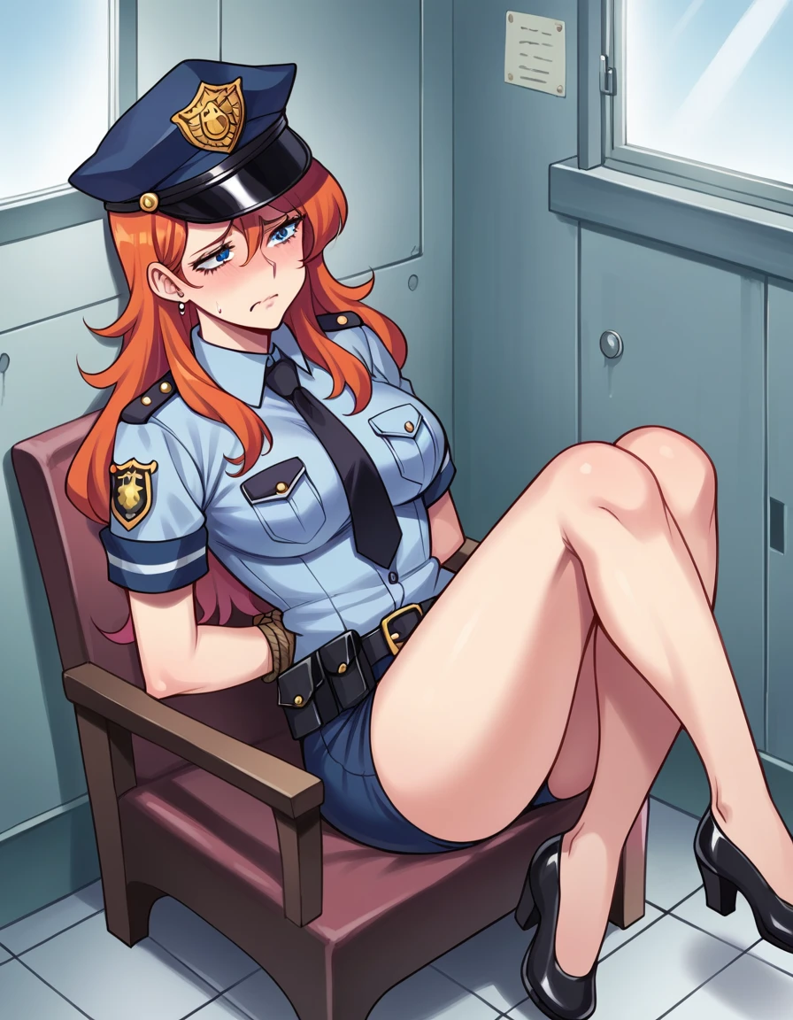 There is a woman in a police uniform, official, police official, (Yoshida Yuuko), sad police, Attire: cop, redhead woman, yoshida yuuko wearing a police uniform, high resolution commission, sheriff woman, Lois van Baarle y Rossdraws, bottomless, leotard blue, bare legs, sitting on a chair, (((his hands are behind his body)),((The whole body is tightly bound.)) in jail,