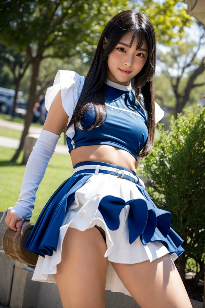 (Beautiful Japanese girl in her ), (White pants), (Photographed from below), Cheerleader's legs spread, Hidden nipples, 1 girl, solo, cheerleader, perfect hands, open mouth, sad expression, long hair, blush, black hair, ponytail, belt, belly button, crop top, blue skirt, pleated skirt, removable sleeves, elbow gloves, looking at viewer, outdoor, stadium