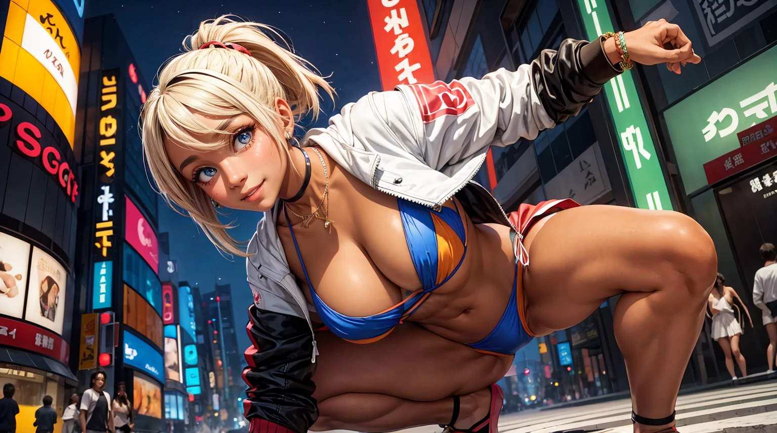 (masterpiece, best quality), (from below), 1 girl, perfect body, big breasts, woman, Ganguro, SPANDEX bikini top, jacket, (SILK mini skirt), SPANDEX panties, necklace, Bracelets, straight long bob cut ponytails, Posture crouching, city streets, Harajuku, late night