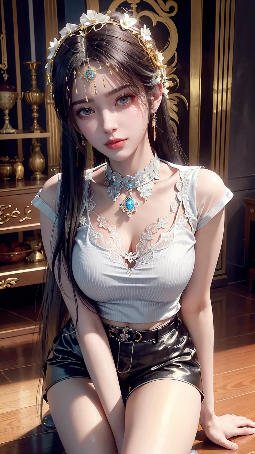 A purple hair、Close-up of miss wearing white mask, Beautiful character painting, Gu Weiss, Gurwitz-style artwork, Trance, author：Yang Jie, Epic and beautiful character art, Stunning character art, author：Fan Qi, by Wuzhun Shifan, pixiv Art Street Guviz, Long hair, insult, Tall and big, Long legs, (Sleeveless lace shirt), (shorts), (Striped )), ((Striped )), Walk, elegant, dignified, miss, Beautiful curves, sweet smile, Strong sense of detail and layering, Rich and colorful color, Has a unique texture, rich and colorful, color, vivid, Design Art, 16K, Very detailed, {{illustration}}, {Extremely refined}, {Exquisite surface treatment}, Very detailed, Delicate and shining eyes, {{Light}}, 极致灯Light效果, Model: realism, CFG size: 12, Laura: Bright texture (1.35), high quality, masterpiece, Exquisite facial features, Delicate hair depiction, Detailed depiction of the eyes, masterpiece, best quality, Light line tracing, Extremely detailed CG unified 8k wallpaper, masterpiece, best quality, (1 girl), Perfect body, (((tight white t shirt))), beautiful eyes, (Delicate face), Long hair, Loose hair, Light blue hairpin, in class, (White skin), (Optimal Lighting), (Super intricate details), 4K Unified, (Very detailed CG), Showing off her white legs, , Hot Pants, shorts,性感Long legs, Thin waist, Sweat is running down my waist, Showing belly, Extremely detailed depiction, Transparent clothes, Hands on thighs, 把目Light移开, 8k resolution, Raise an eyebrow, Shiny hair, flower head, Wristband, bandage，Leather sexy pose, simple grey background, Climbing towards the audience, Kitten pose, Get on all fours,