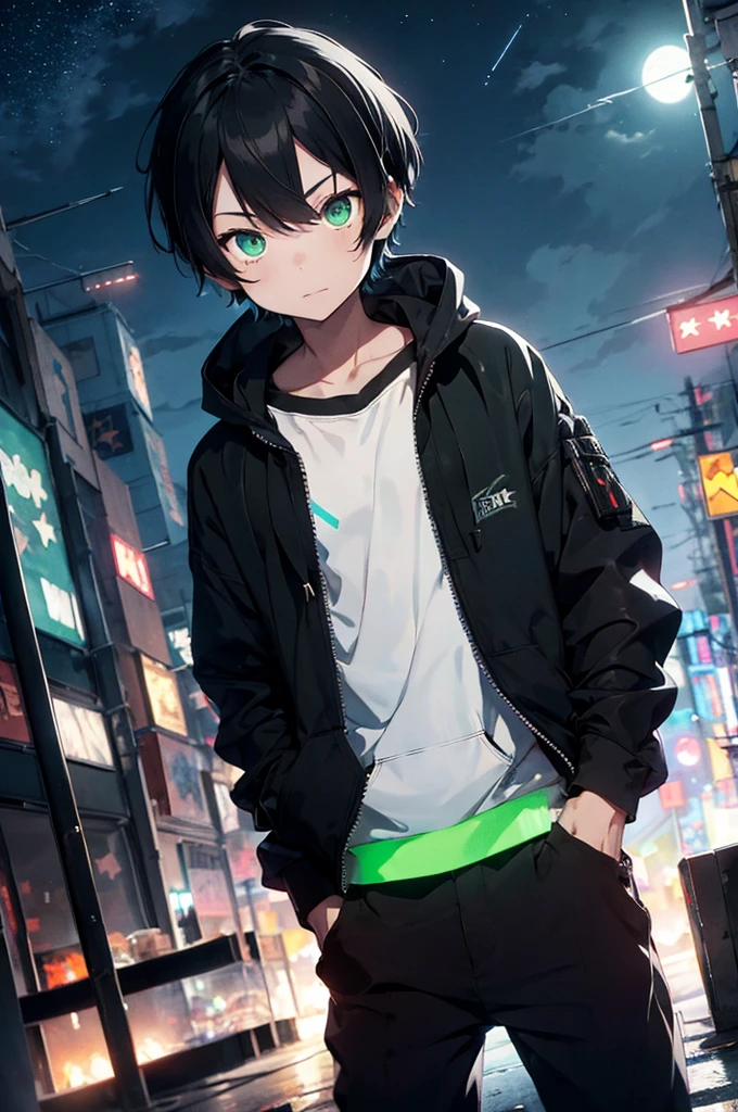 1boy, cyberpunk clothes, holding sci-fi sword, short black hair, green glowing eyes, wearing black hoodie, black large trousers, city, high res, ultrasharp, 8K, masterpiece, looking at the viewer, night with moon and stars,