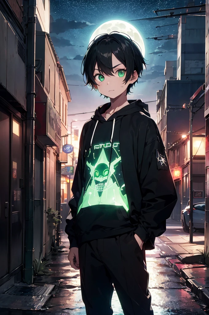 1boy, cyberpunk clothes, holding sci-fi sword, short black hair, green glowing eyes, wearing black hoodie, black large trousers, city, high res, ultrasharp, 8K, masterpiece, looking at the viewer, night with moon and stars,