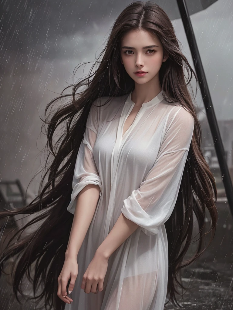best quality,tmasterpiece,High resolution,Realistic,RAW photo,1girl,dark brown hair,Tall and tall,standing outside in the rain,Sense of strong contrast,Soft and textured skin, cold morning, With a shallow smile, With deep eyes