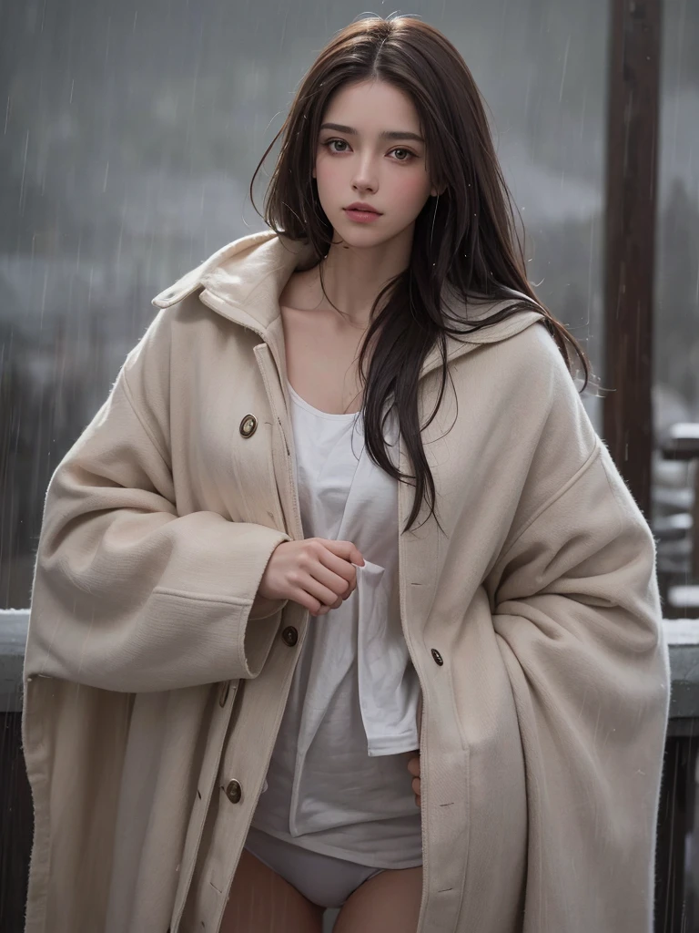 best quality,tmasterpiece,High resolution,Realistic,RAW photo,1girl,dark brown hair,Tall and tall,standing outside in the rain,Sense of strong contrast,Soft and textured skin, cold morning, With a shallow smile, With deep eyes