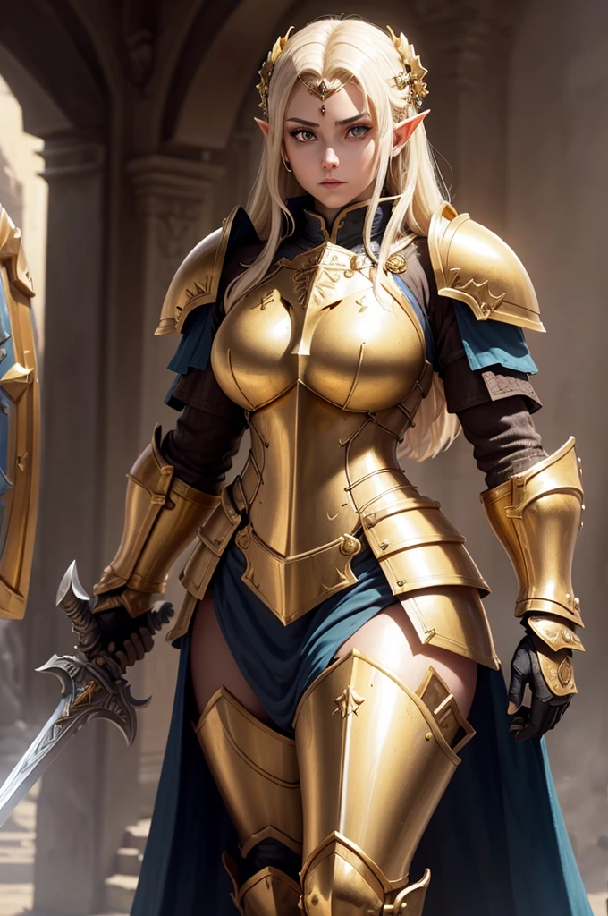 ((best quality)), ((detailed)), ((masterpiece)), (Mind-blowing), Enchanting, (Extraordinary), Fantasy, female warrior, beautiful face, strong shape, ornate detailed mini body armor, sexy armor, revealing armor, alluring costumes , massive breasts , holding a golden spear and a shield, high leather boots, full-body photo, action pose, Digital artwork, Digital masterpiece, Digital painting, Ethereal lighting, Transcendent atmosphere, Dreamlike light, Magical lighting, F/2.8, Zoom lens, Fast lens