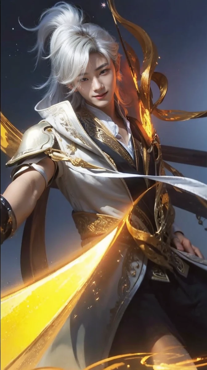 (photorealistic, masterpiece, 8K HD, good lighting quality, portrait, closing up on face, intricate details), a handsome young korean man, 20 years old, cute, happy, smiling brightly, friendly, charming, detailed face, detailed eyes, happy gaze, looking at the sky, casual wear, honey eyes, black hair, messy hair, fluffy and curly hair, hair bangs, outdoors, early morning, stars, dreamy world, surrealism, ethereal