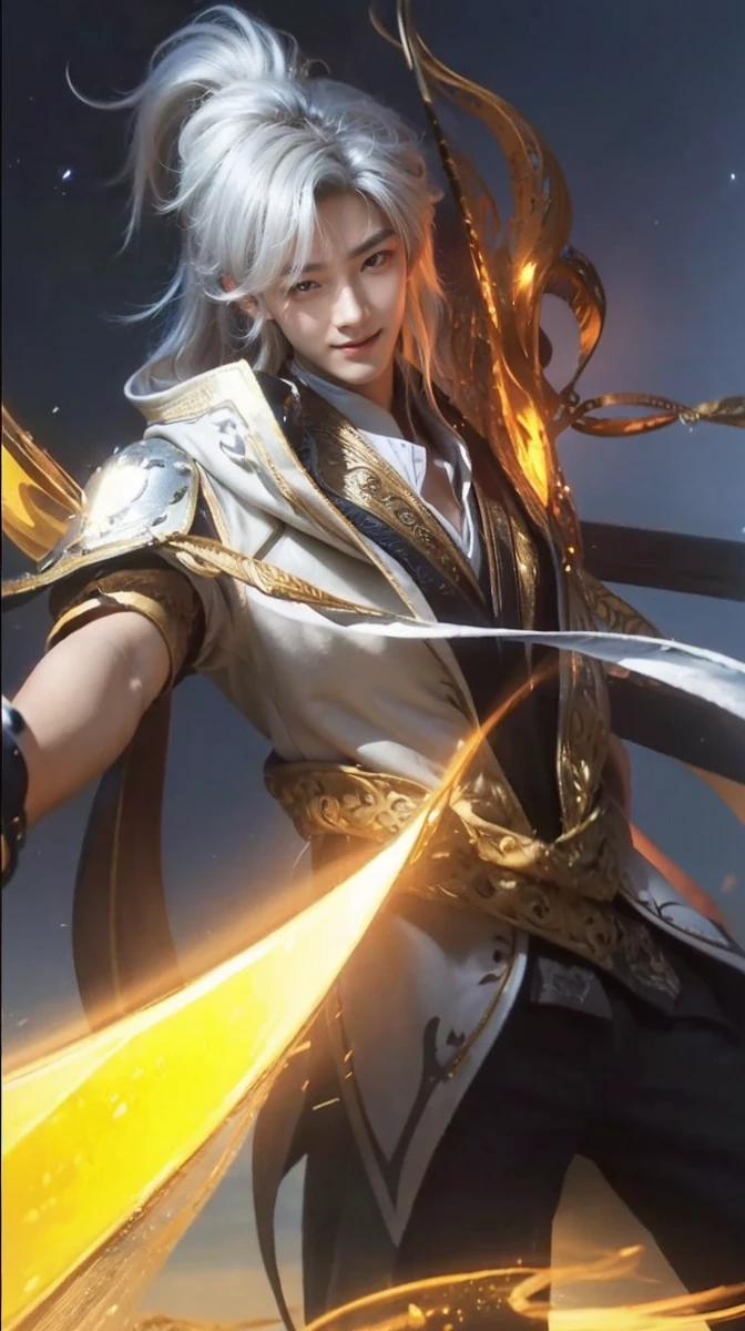 (photorealistic, masterpiece, 8K HD, good lighting quality, portrait, closing up on face, intricate details), a handsome young korean man, 20 years old, cute, happy, smiling brightly, friendly, charming, detailed face, detailed eyes, happy gaze, looking at the sky, casual wear, honey eyes, black hair, messy hair, fluffy and curly hair, hair bangs, outdoors, early morning, stars, dreamy world, surrealism, ethereal