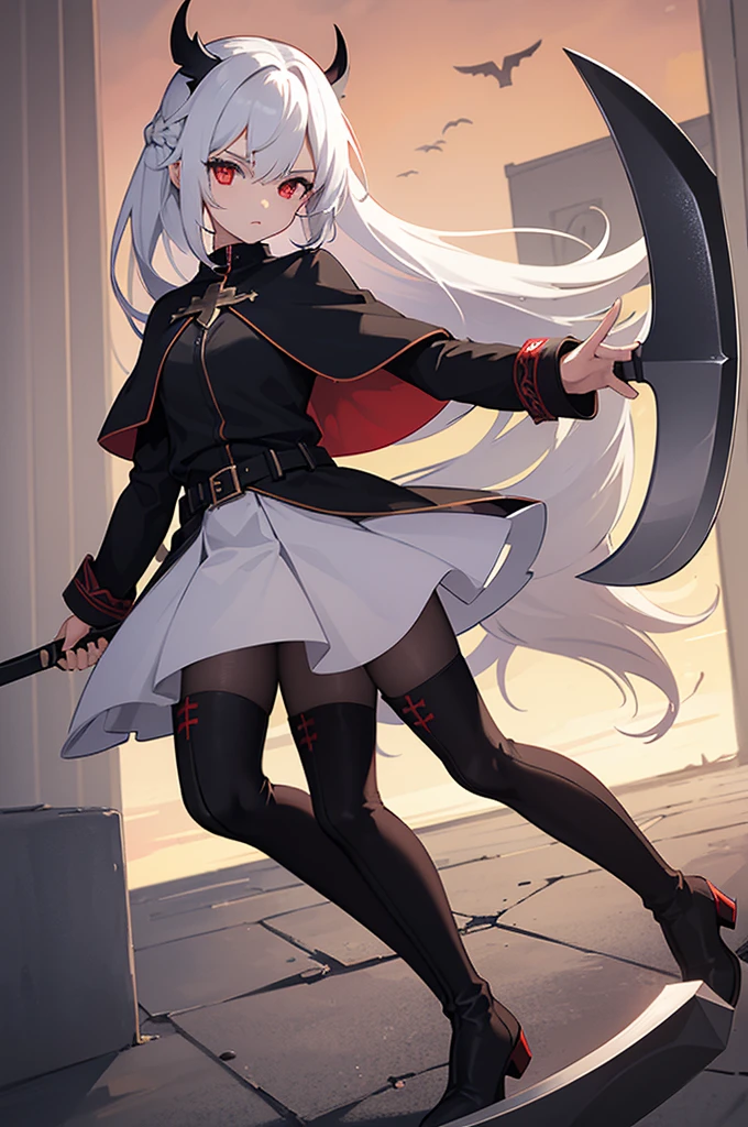 1girl, solo, long white hair, red eyes, ((holding battleaxe)), black footwear, boots, pantyhose, cross, knee boots, looking at viewer, belt, capelet, hair between eyes, long sleeves, black capelet, black pantyhose