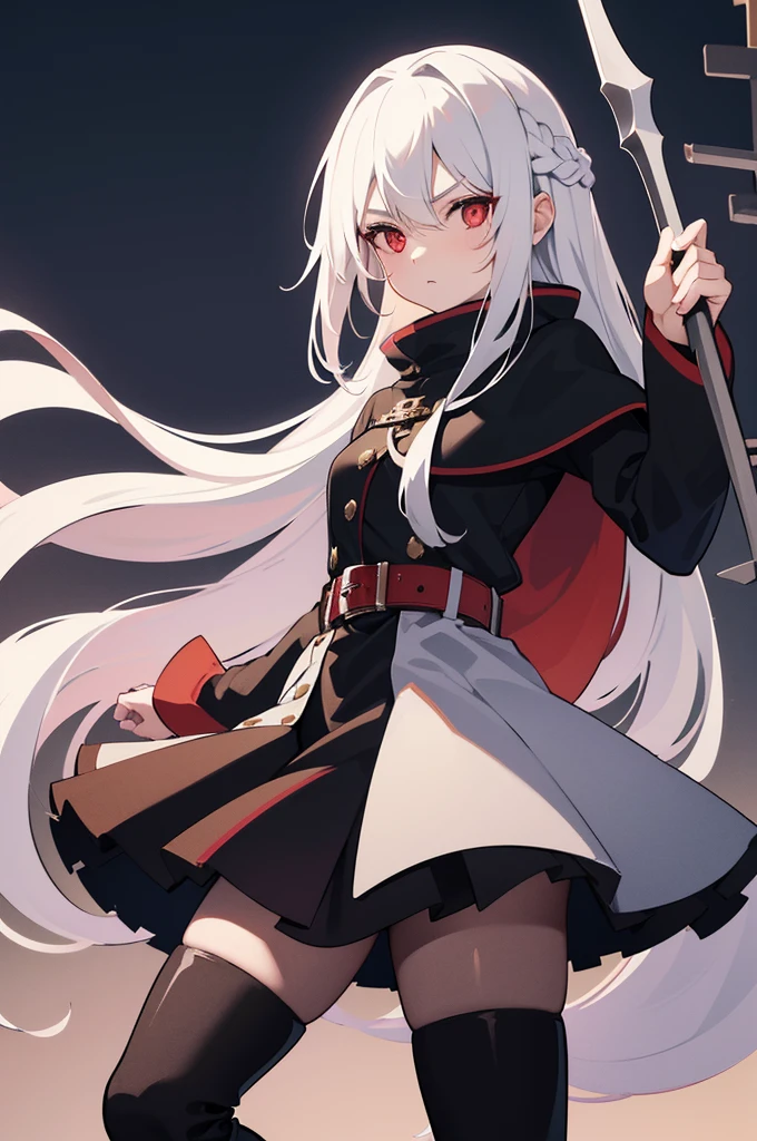 1girl, solo, long white hair, red eyes, ((holding battleaxe)), black footwear, boots, pantyhose, cross, knee boots, looking at viewer, belt, capelet, hair between eyes, long sleeves, black capelet, black pantyhose