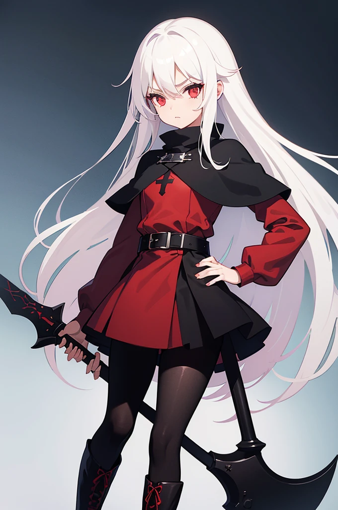 1girl, solo, long white hair, red eyes, ((holding battleaxe)), black footwear, boots, pantyhose, cross, knee boots, looking at viewer, belt, capelet, hair between eyes, long sleeves, black capelet, black pantyhose