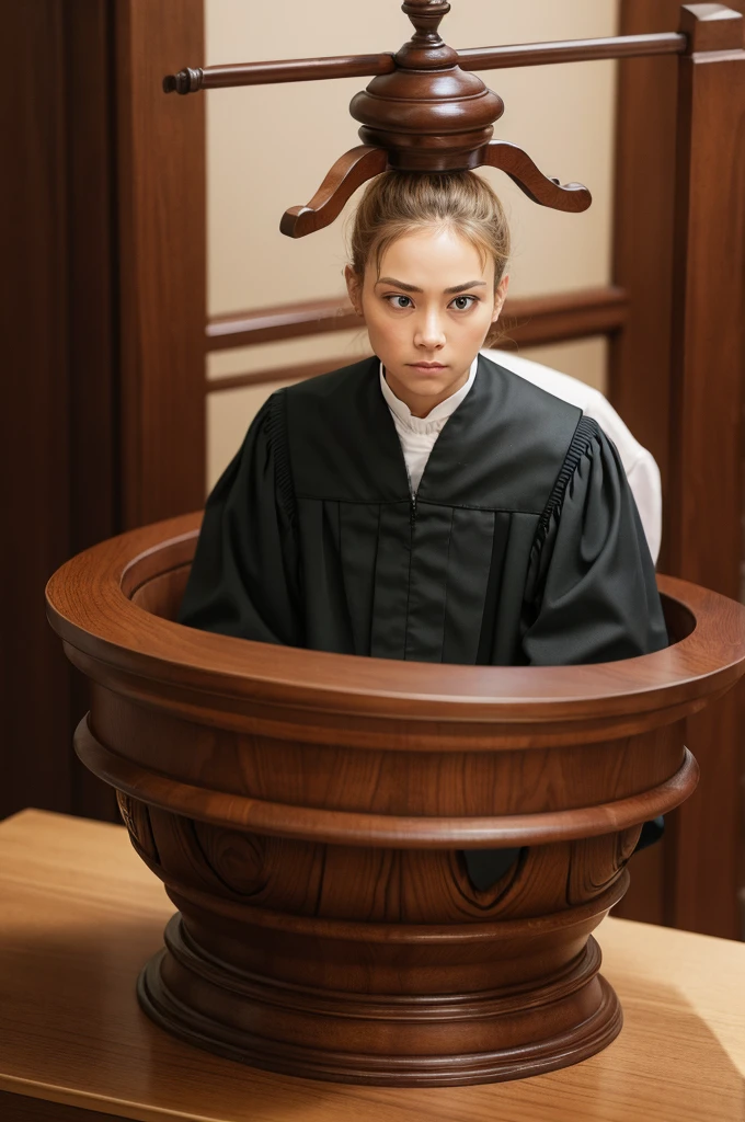 Court trial, focus only on the judge's gavel and use purple as a color palette