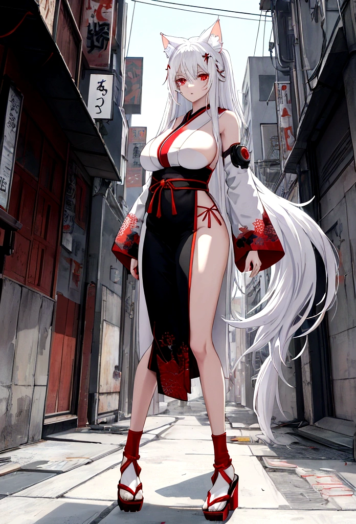 Make a full body character with 2D graphics based on current anime 4k-8k The character is 22 years old. Mature body with big breasts and curves. Eyes red, white cat ears, long white hair down to the ankles. Cat's furry tail. The outfit is a mix of traditional Japanese kimono, Qipao chines stylized in a cyberpunk way. The colors of the clothes are predominantly white with details of blood red and gold.. With sock 3/4 black and white, sandalhas ninja estilo cyberpunk.