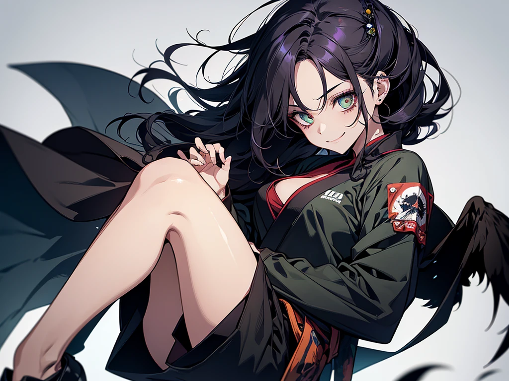A girl in the Boku no hero style, She is wearing her hero outfit which consists of, a long-sleeved jumpsuit that covers your entire neck and ends in shorts, on top a kimono with a raven on each side drawn on it,
.The girl is a zombie, her hair is completely black, like her eyes, but her iris is red, her hair is loose, she has a smile on her face as she controls other zombies in the square, with her dark green skin. 
