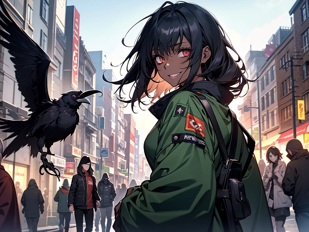 A girl in the Boku no hero style, She is wearing her hero outfit which consists of, a long-sleeved jumpsuit that covers your entire neck and ends in shorts, on top a kimono with a raven on each side drawn on it,
.The girl is a zombie, her hair is completely black, like her eyes, but her iris is red, her hair is loose, she has a smile on her face as she controls other zombies in the square, with her dark green skin.