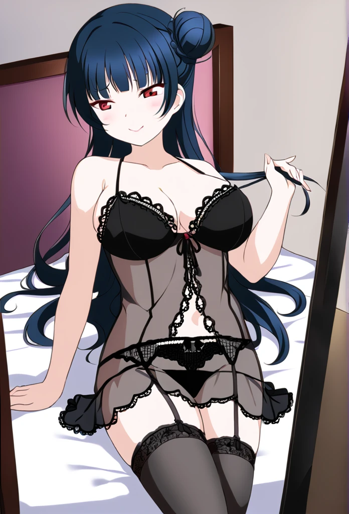 Yoshiko Tsushima Blue Hair Red Eye Left bun hairstyle Semi-long hair Black negligee bed bedに座る Brush your hair back Black garter belt smile Large Breasts Seduce