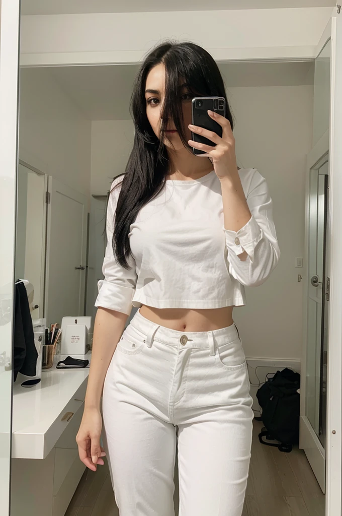 A beautiful  girl, cute face, wavy black hair, with nose and navel piercings, green long-sleeved shirt, loose white pants, jewelry, big breasted mackerel, colossal ass, colossal hips, shapely body, inside your room taking a photo in front of the mirror