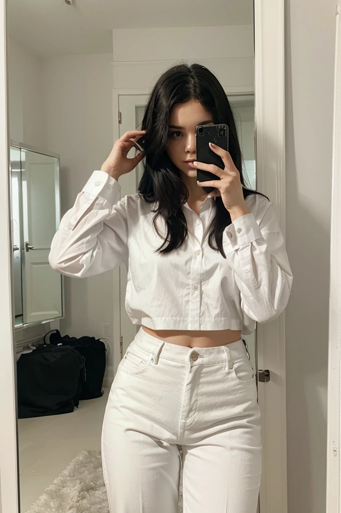 woman with black hair. Mince. White shirt. with white pants. She takes photos behind the mirror, her head is completely hidden by her iPhone