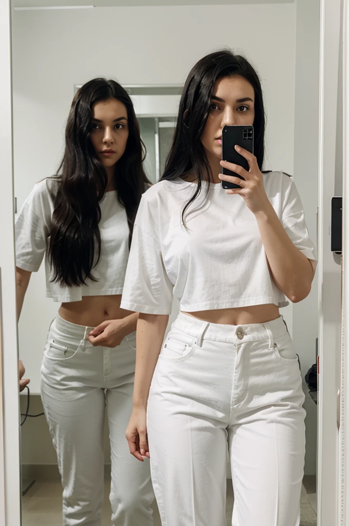 woman with black hair. Mince. White shirt. with white pants. She takes photos behind the mirror, her head is completely hidden by her iPhone