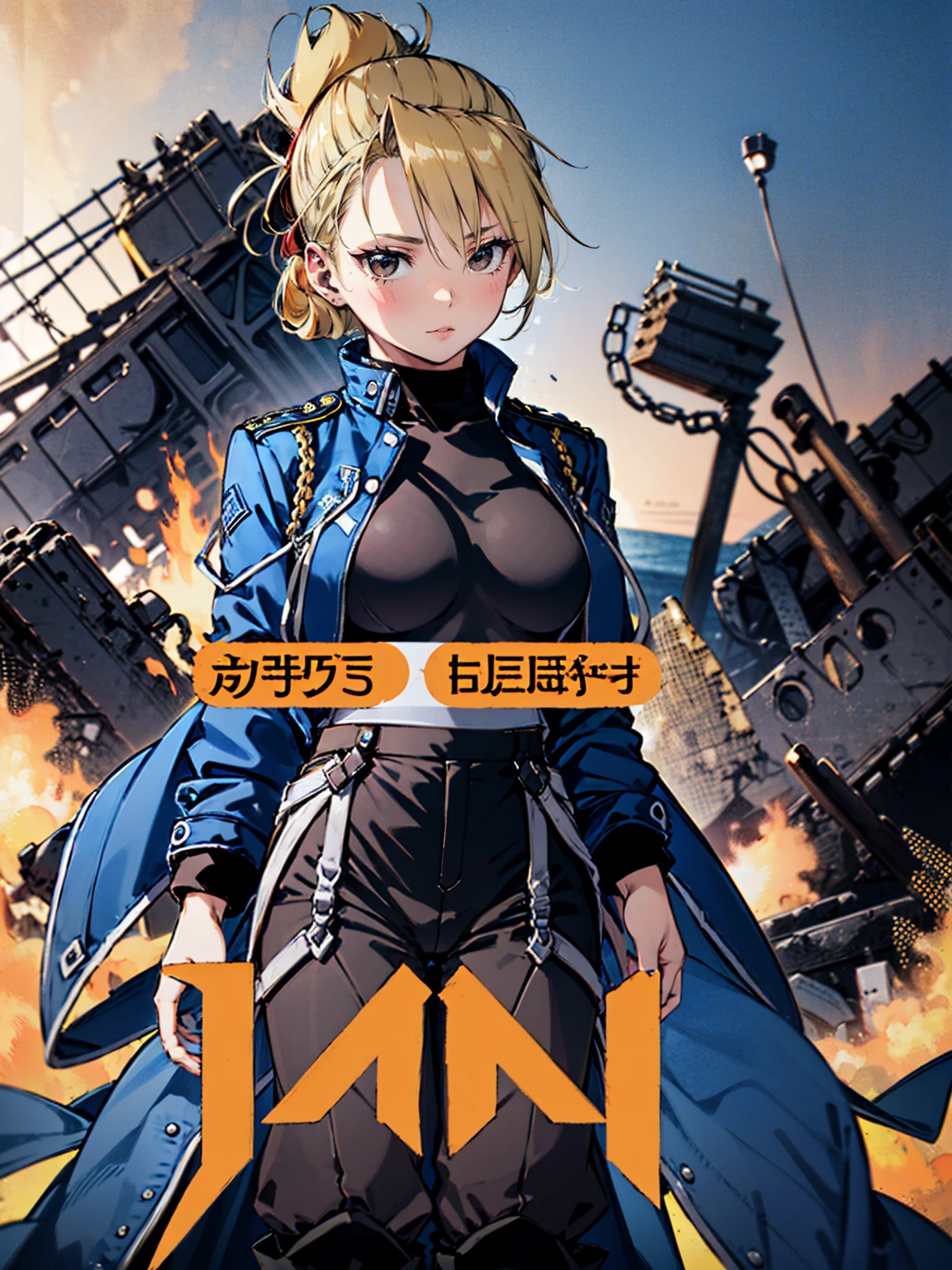 masterpiece, Highest quality, High resolution, One girl, (Blue jacketの下にBlack innerwearを着ている), Folded ponytail, Brown eyes, , (uniform, Blue jacket, Blue pants), ,Big Breasts, Black innerwear, (
