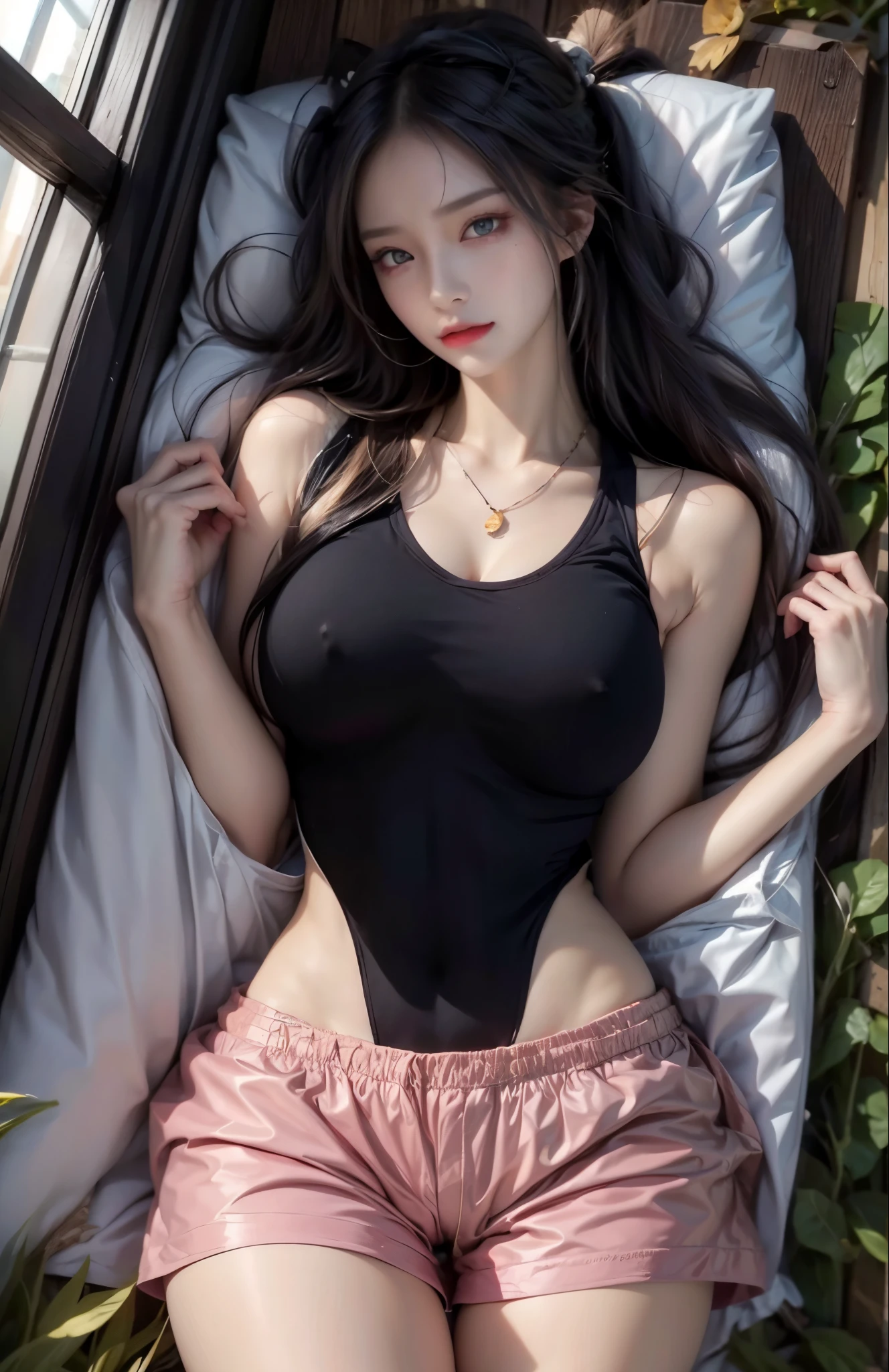 realistic, 1 women, best quality, 12k, HD, long hair, (big round breasts:1.5), cleavage, ponytail, necklace, jewelry, shorts, short jacket, slim hips, hair tie, yellow eyes, black hair, super detailed, Eye details, hair details, person details, mouth details, face details, breast details, clothes details, hair details, pants details, hand details, whole body