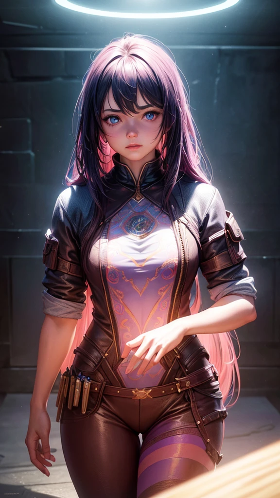 Hyper-realistic portrait of woman wearing pink lines ,Fantasyart, photo realist, dynamic lighting, art station, posters, volumetric lighting, Very Detailed Faces, 4K, awardwinning,, 1 girl, in dark, deep shadow, subtle,cowboy shot,(official clothing:1.4) ,long hair,hair blue,