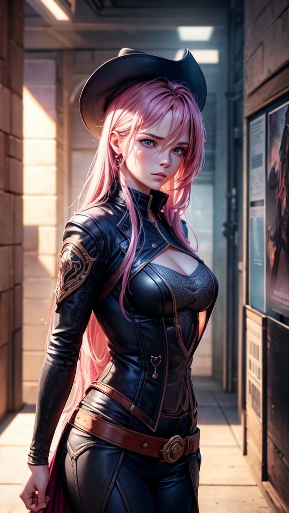 Hyper-realistic portrait of woman wearing pink lines ,Fantasyart, photo realist, dynamic lighting, art station, posters, volumetric lighting, Very Detailed Faces, 4K, awardwinning,, 1 girl, in dark, deep shadow, subtle,cowboy shot,(official clothing:1.4) ,long hair,hair blue,