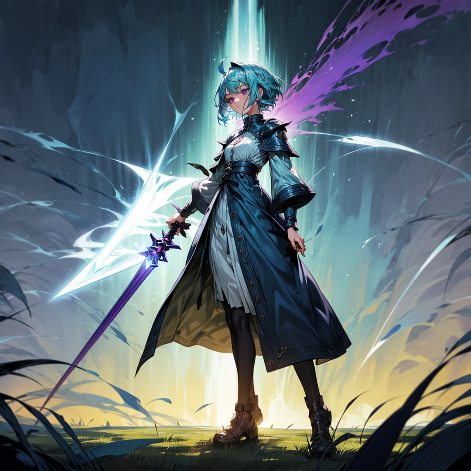 1girl, Full body version, 1character, adult version, purple eyes color, short haircut, blue colour hair, medieval girl style clothing, templar knight armor, spatha sword in hand, Grassroots, background in green field, motion blur, plasma effect, smoke effect, aura effect, lighting, lighting sword, flash, (Hunter x Hunter style), low angle view, standing gesture, detailed face