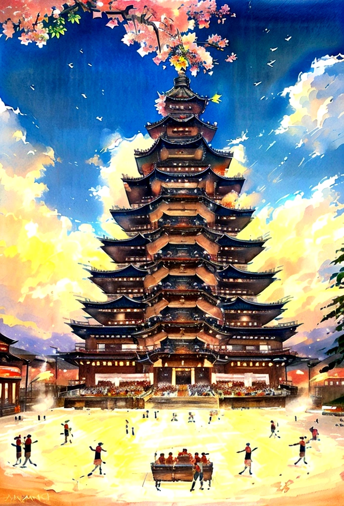 Landscape painting、Summer festival、Japan、Bon dance、oil、Low contrast colors