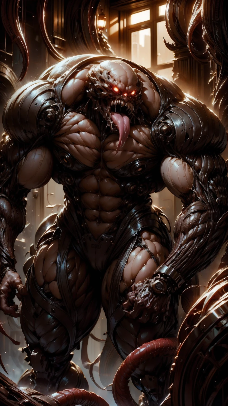megan fox as a vampiric muscular red carnage, (mouth wide open with tongue out:1.25), (red carnage anatomic muscular bio-mecha muscle suit:1.25), (body totally covered in muscles, veins, tendons), (perfect muscular anatomy), (wide upper body:1.25), (thin legs:1.25), (beautiful face:1.25)