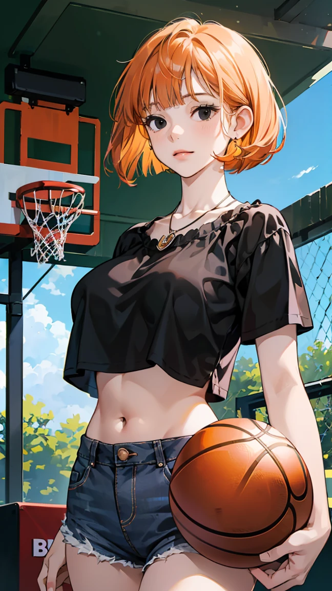 (masterpiece, best quality, (1 Girl:1.5), Solitary, Intricate details, Chromatic Aberration), ((Short Wavy Hair, Bangs, (black eyes:1.5), blunt Bangs, Orange Hair, Bob Cut)), Small earrings, Sharp eyes, Necklace, (Large Breasts: 1.2), cleveage, A faint smile, (Black cropped top, Thin material, Denim shorts), The waist is open, (Symmetrical eyes), (Perfectly symmetrical body), (((Natural light))), ((Standing under the basketball hoop)),Raise the basketball with one hand