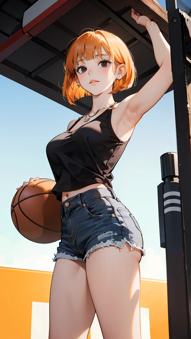 (masterpiece, best quality, (1 Girl:1.5), Solitary, Intricate details, Chromatic Aberration), ((Short Wavy Hair, Bangs, (black eyes:1.5), blunt Bangs, Orange Hair, Bob Cut)), Small earrings, Sharp eyes, Necklace, (Large Breasts: 1.2), cleveage, A faint smile, (Black cropped top, Thin material, Denim shorts), The waist is open, (Symmetrical eyes), (Perfectly symmetrical body), (((Natural light))), ((Standing under the basketball hoop)),Raise the basketball with one hand
